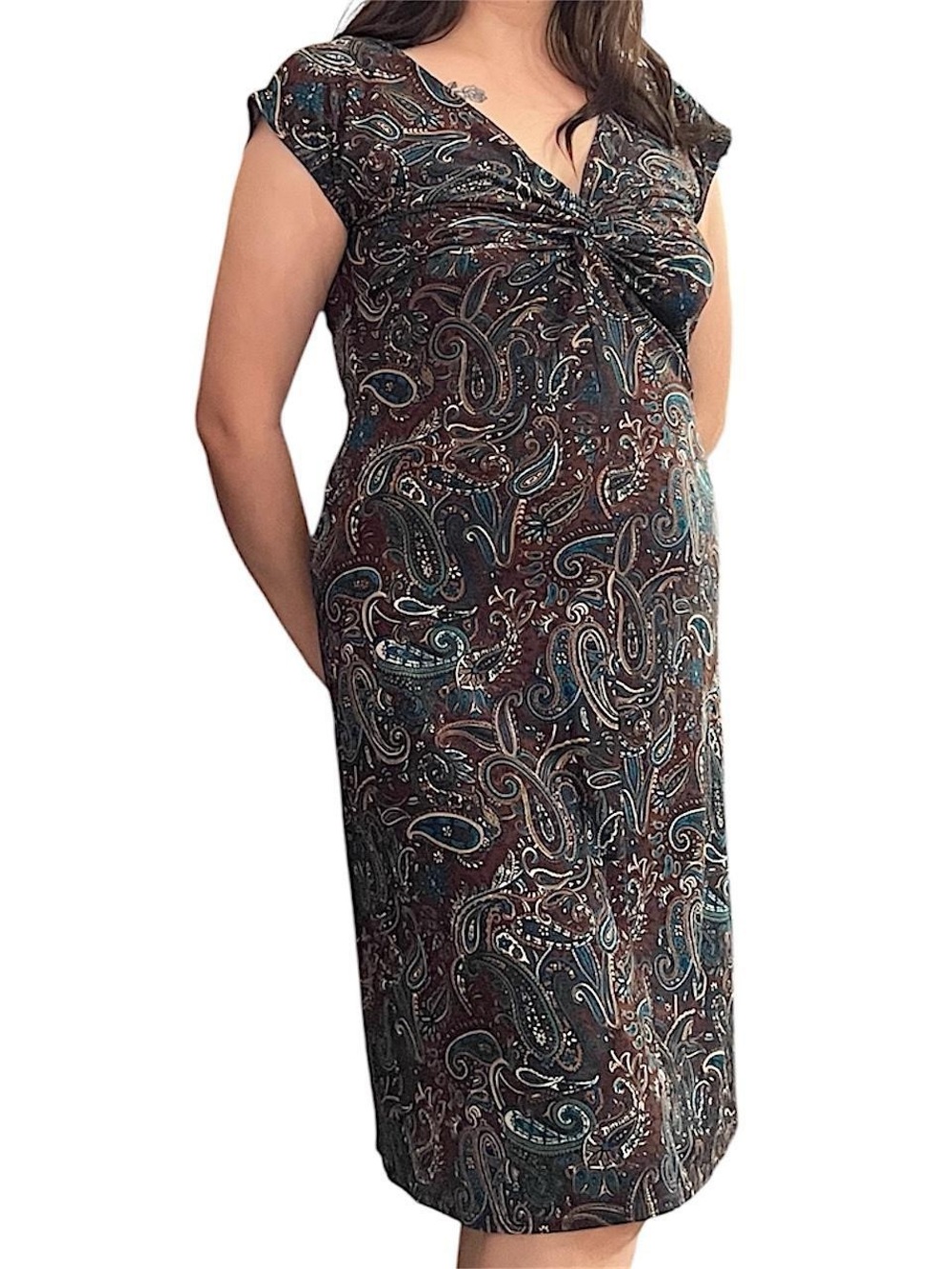 Brown & teal paisley dress.